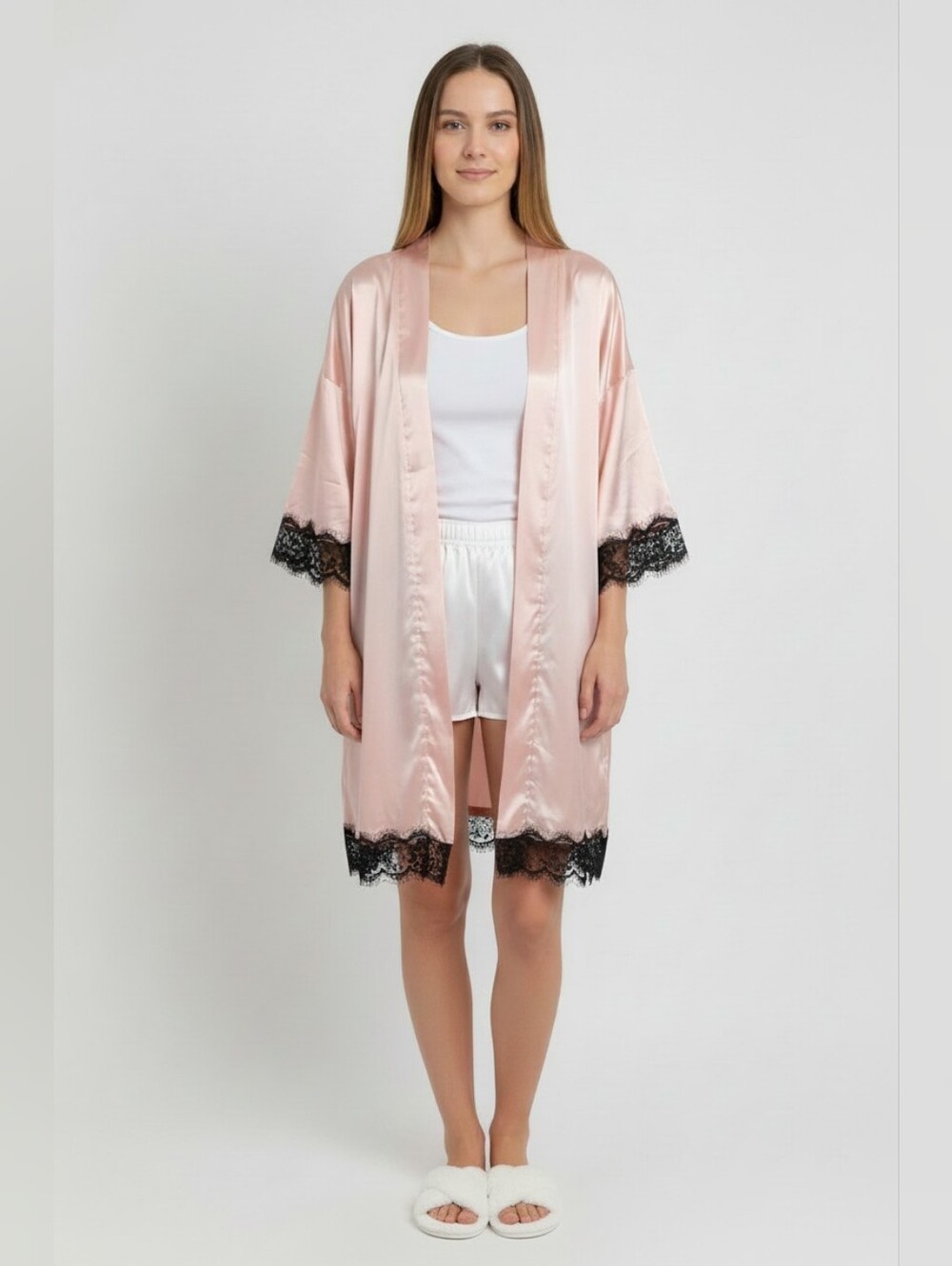 Pink Satin Short Robe with Black Lace Trim Without Tie Size Misses S